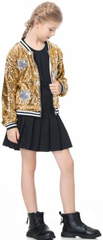 LOLANTA Girls Sequin Bomber Jacket With Pockets Zipper Long Sleeve Sparkle Baseball Jackets