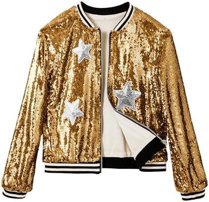 LOLANTA Girls Sequin Bomber Jacket with Pockets Zipper Long Sleeve Sparkle Baseball Jackets