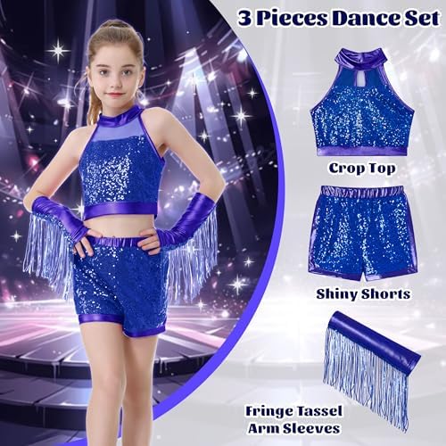 LOLANTA Girls Sequin Dance Outfit Hip Hop Jazz Costume With Crop Top Metallic Shorts With Tassel Sleeves 5-13 Years Recital Stage Performance Costume