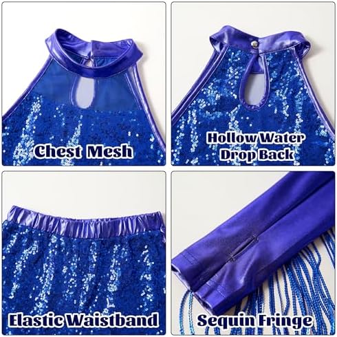 LOLANTA Girls Sequin Dance Outfit Hip Hop Jazz Costume With Crop Top Metallic Shorts With Tassel Sleeves 5-13 Years Recital Stage Performance Costume