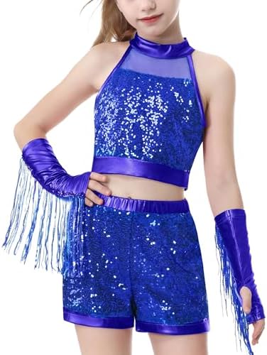 LOLANTA Girls Sequin Dance Outfit Hip Hop Jazz Costume with Crop Top Metallic Shorts with Tassel Sleeves 5-13 Years Recital Stage Performance Costume