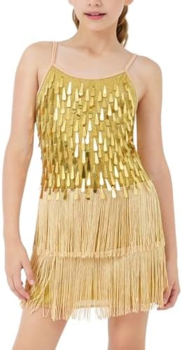 LOLANTA Girls Sequin Fringe Dance Costume Kids Salsa Rumba Latin Dancing Clothes Set Sparkling Sleeveless Tassel Dance Mini Dress With Shorts