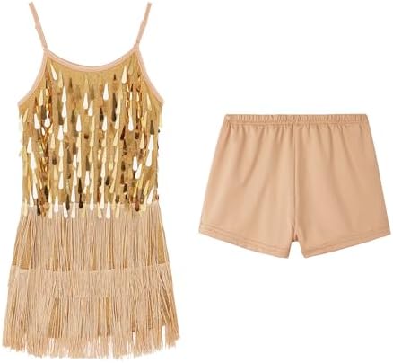 LOLANTA Girls Sequin Fringe Dance Costume Kids Salsa Rumba Latin Dancing Clothes Set Sparkling Sleeveless Tassel Dance Mini Dress with Shorts
