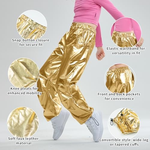 LOLANTA Kids Shiny Metallic Dance Trousers Retro Hip Hop Dance Outfit Loose Fit Cargo Pants Elastic Waist Streetwear For 6-13 Years