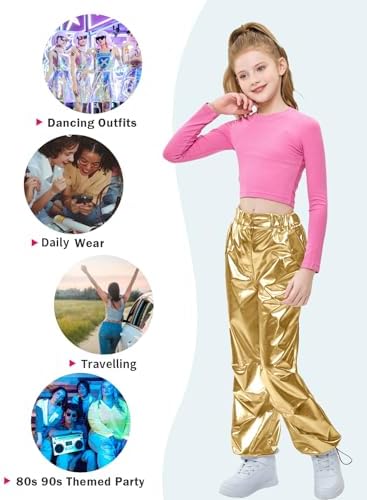 LOLANTA Kids Shiny Metallic Dance Trousers Retro Hip Hop Dance Outfit Loose Fit Cargo Pants Elastic Waist Streetwear For 6-13 Years
