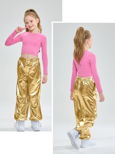 LOLANTA Kids Shiny Metallic Dance Trousers Retro Hip Hop Dance Outfit Loose Fit Cargo Pants Elastic Waist Streetwear For 6-13 Years