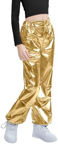 LOLANTA Kids Shiny Metallic Dance Trousers Retro Hip Hop Dance Outfit Loose Fit Cargo Pants Elastic Waist Streetwear for 6-13 Years