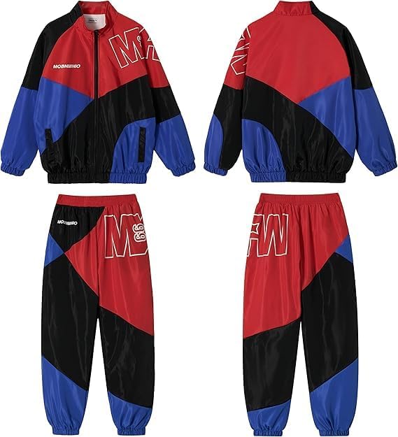 LOLANTA Unisex Kids Color Block Clothing Set Stylish Street Retro Tracksuit Outfit Hip Hop Dance Costume
