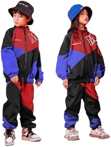 LOLANTA Unisex Kids Color Block Clothing Set Stylish Street Retro Tracksuit Outfit Hip Hop Dance Costume