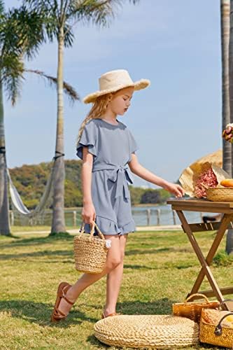 Looks Cute Girls’ Crew Neck Trim Short Sleeve High Waist Ruffle Jumpsuits With Belt