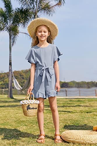 Looks Cute Girls’ Crew Neck Trim Short Sleeve High Waist Ruffle Jumpsuits With Belt