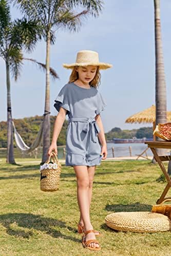 Looks Cute Girls’ Crew Neck Trim Short Sleeve High Waist Ruffle Jumpsuits With Belt