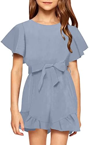 Looks Cute Girls’ Crew Neck Trim Short Sleeve High Waist Ruffle Jumpsuits With Belt