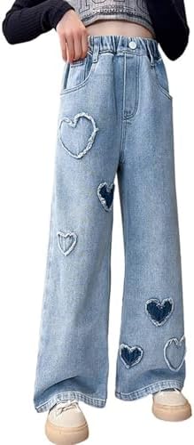 Love Heart Jeans For Teen Girls Denim Long High Waist Baggy Pants Girls Kids Wide Leg Trendy Cute Straight Trousers Girls Wide Leg Jeans 1-12 Baggy Hip Hop Pants Kids