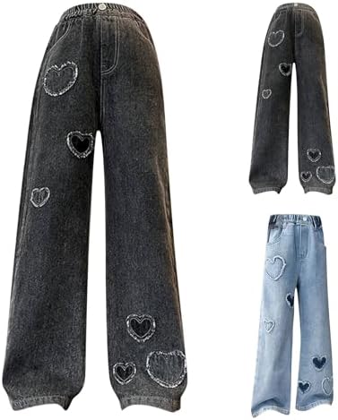 Love Heart Jeans For Teen Girls Denim Long High Waist Baggy Pants Girls Kids Wide Leg Trendy Cute Straight Trousers Girls Wide Leg Jeans 1-12 Baggy Hip Hop Pants Kids