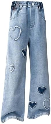 Love Heart Jeans for Teen Girls Denim Long High Waist Baggy Pants Girls Kids Wide Leg Trendy Cute Straight Trousers Girls Wide Leg Jeans 1-12 Baggy Hip Hop Pants Kids