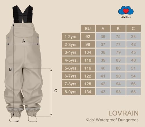 LOVRAIN Waterproof Dungarees For Kids Children Toddlers Windproof Rain Trousers Water-Resistant Overalls 1-9 Years