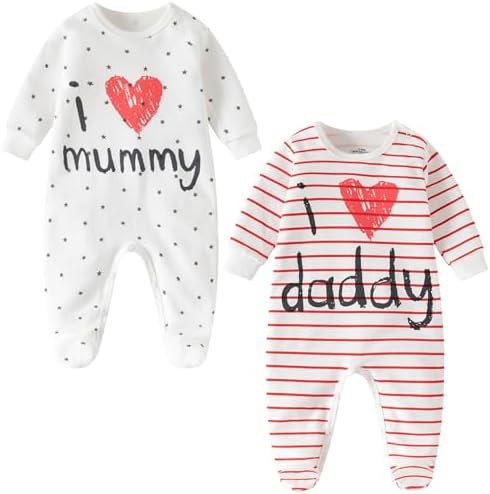 Lullaby Layers Unisex Baby Sleepsuits 2 Pack – I Love Mummy & Daddy Cotton Footed Rompers – Newborn to 24 Months Baby Bodysuits for Boys and Girls