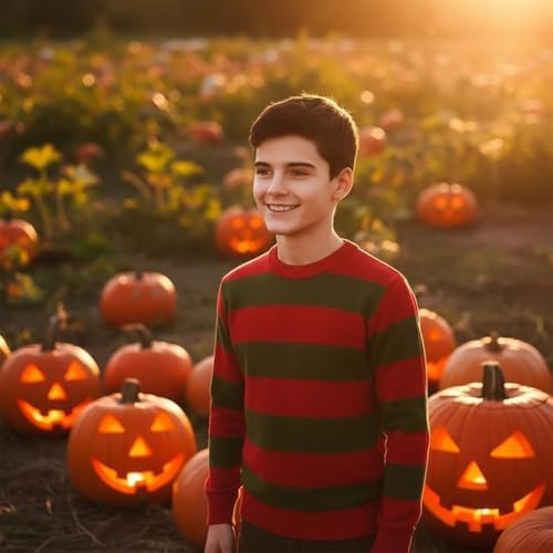LUXE DIVA Kids Unisex Freddy Halloween Horror Knitted Jumper Red & Green Striped Long Sleeve Pullover Sweater Top Boys Girls Scary Costume Party Outfit Warm Winter Cosplay Sweatshirt UK Sizes