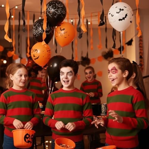 LUXE DIVA Kids Unisex Freddy Halloween Horror Knitted Jumper Red & Green Striped Long Sleeve Pullover Sweater Top Boys Girls Scary Costume Party Outfit Warm Winter Cosplay Sweatshirt UK Sizes