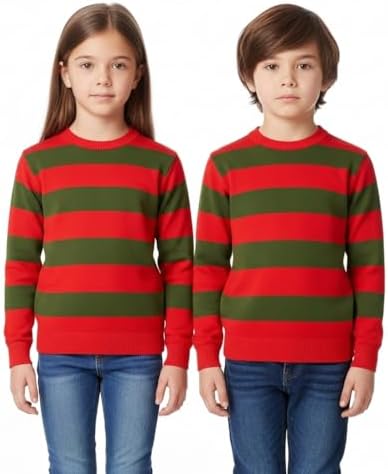 LUXE DIVA Kids Unisex Freddy Halloween Horror Knitted Jumper Red & Green Striped Long Sleeve Pullover Sweater Top Boys Girls Scary Costume Party Outfit Warm Winter Cosplay Sweatshirt UK Sizes