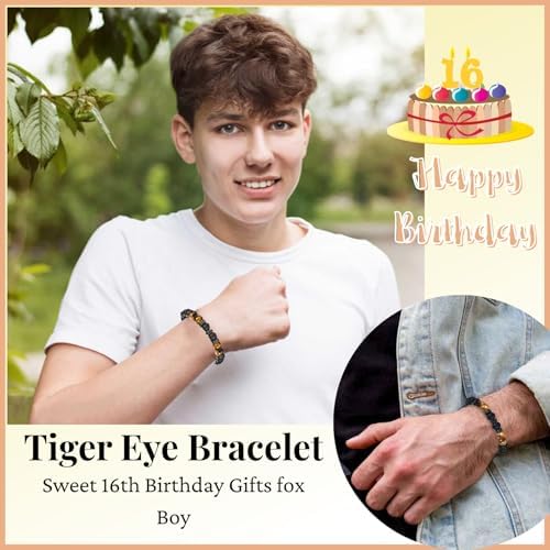 LynixTrade Birthday Bracelet 16 Year Old Gifts For Boys Gifts For 16 Year Old Boys Unusual Tiger Eye Bracelet Birthday Presents For Son Grandson Brother Nephew Friend