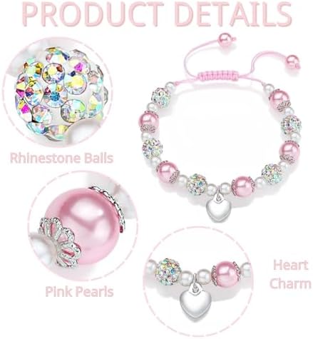 LynixTrade Birthday Gifts For 7 Year Old Girls White Pink Pearl CZ Balls Heart Charms Bracelet 7 Year Old Girls Birthday Gifts For Daughter Granddaughter BFF Sister Niece With Card