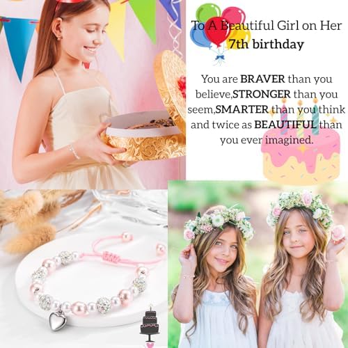LynixTrade Birthday Gifts For 7 Year Old Girls White Pink Pearl CZ Balls Heart Charms Bracelet 7 Year Old Girls Birthday Gifts For Daughter Granddaughter BFF Sister Niece With Card