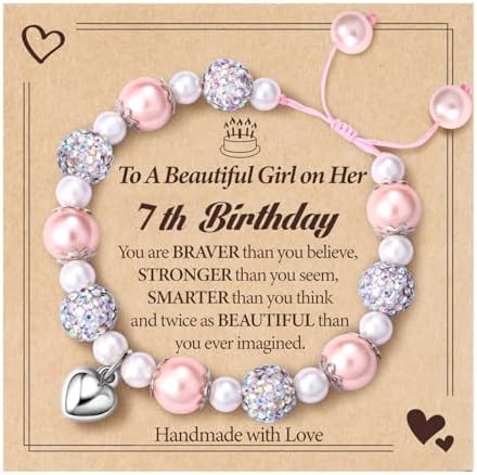 LynixTrade Birthday Gifts for 7 Year Old Girls White Pink Pearl CZ Balls Heart Charms Bracelet 7 Year Old Girls Birthday Gifts for Daughter Granddaughter BFF Sister Niece with Card