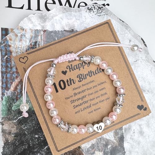 LynixTrade Gifts For 10 Year Old Girls Adjustable Pink White Pearl Bracelet For Sister Friends Daughter Granddaughter Niece Girls Birthday Decoration Gifts For 10 Year Old With Card