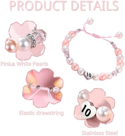 LynixTrade Gifts For 10 Year Old Girls Adjustable Pink White Pearl Bracelet For Sister Friends Daughter Granddaughter Niece Girls Birthday Decoration Gifts For 10 Year Old With Card