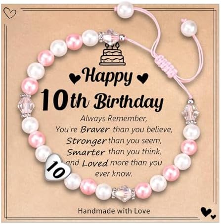 LynixTrade Gifts for 10 Year Old Girls Adjustable Pink White Pearl Bracelet for Sister Friends Daughter Granddaughter Niece Girls Birthday Decoration Gifts for 10 Year Old with Card