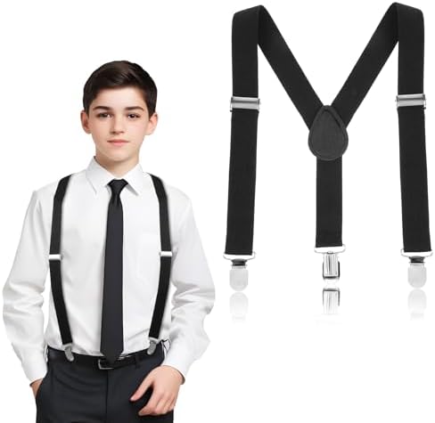 Mabor Boys & Girls Suspenders Elastic Y-Back Design Adjustable Size Black One Size (Adjustable up to 35 inches) Metal Clips Unisex Boy's 1pcs