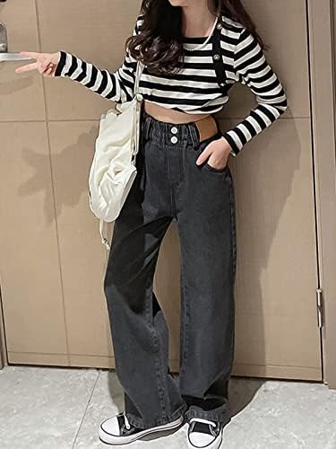 Maeau Girls Jeans: Denim Wide Leg Straight Fit Mid Waisted Loose Casual Age 5-14 Years Size 25 Inches Cotton Zipper Closure 4 Pockets