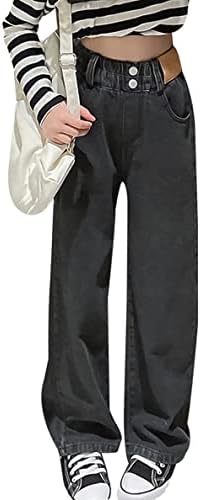 Maeau Girls Jeans: Denim Wide Leg Straight Fit Mid Waisted Loose Casual Age 5-14 Years Size 25 inches Cotton Zipper Closure 4 Pockets
