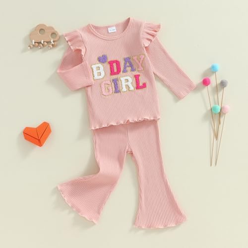 MAHUAOYIXI Baby Girl 2Pcs Birthday Outfits Long Sleeve Letter Embroidery Tops Flying Sleeve + Flare Pants Set Toddler Girls Clothes Birthday Clothing Set