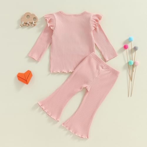 MAHUAOYIXI Baby Girl 2Pcs Birthday Outfits Long Sleeve Letter Embroidery Tops Flying Sleeve + Flare Pants Set Toddler Girls Clothes Birthday Clothing Set