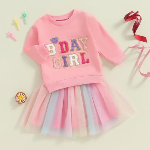 MAHUAOYIXI Baby Girl 2Pcs Birthday Outfits Long Sleeve Letter Embroidery Tops Sweatshirts + Tutu Skirt Set Toddler Girls Clothes Girls Birthday Clothing Set