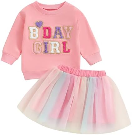 MAHUAOYIXI Baby Girl 2Pcs Birthday Outfits Long Sleeve Letter Embroidery Tops Sweatshirts + Tutu Skirt Set Toddler Girls Clothes Girls Birthday Clothing Set