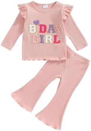 MAHUAOYIXI Baby Girl 2Pcs Birthday Outfits Long Sleeve Letter Embroidery Tops Flying Sleeve + Flare Pants Set Toddler Girls Clothes Birthday Clothing Set