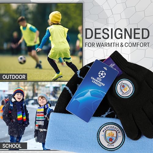 MANCHESTER CITY F.C. Gloves And Beanie Set Or Warm Scarf For Boys Teenagers Winter Accessories Cosy Knit For School Travel Man City Gifts For Boys