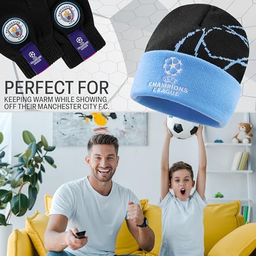 MANCHESTER CITY F.C. Gloves And Beanie Set Or Warm Scarf For Boys Teenagers Winter Accessories Cosy Knit For School Travel Man City Gifts For Boys