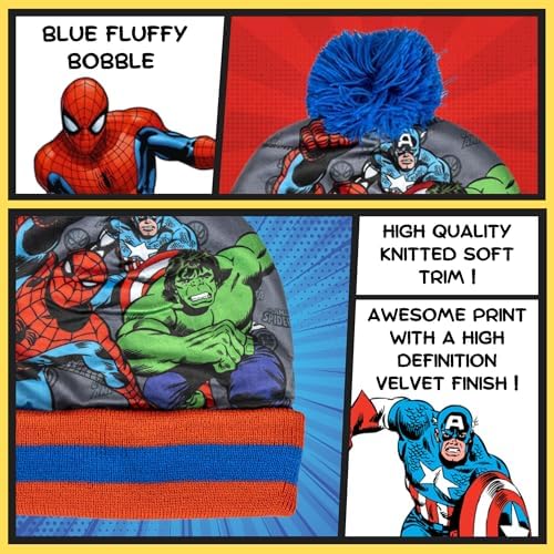 Marvel Boys Avengers Bobble Hat + Snood Scarf + Gloves Set Winter 3 Piece Set Kids Gift