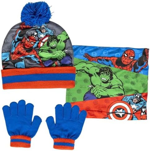 Marvel Boys Avengers Bobble Hat + Snood Scarf + Gloves Set Winter 3 Piece Set Kids Gift