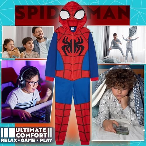 Marvel Spiderman Onesie For Boys All In One Fleece Pyjamas Hooded Jumpsuit Loungewear Cosy Warm Nightwear Gifts For Boys