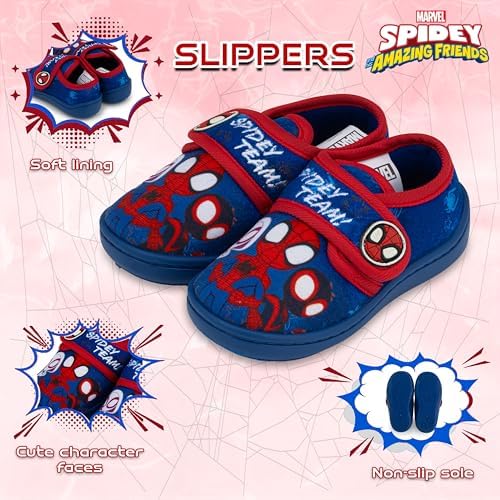 Marvel Spidey And His Amazing Friends Boys Slippers – Blue Toddler House Shoes With Anti-Slip Sole & Strap – Kids Character Slippers UK Sizes 5–11