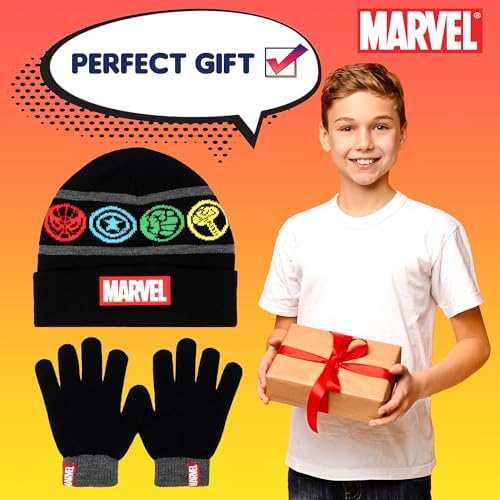 Marvel Winter Hat & Gloves Set For Boys - Warm & Comfy Kids Accessories - Ages 6-12 - Black