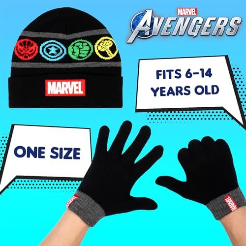 Marvel Winter Hat & Gloves Set For Boys - Warm & Comfy Kids Accessories - Ages 6-12 - Black