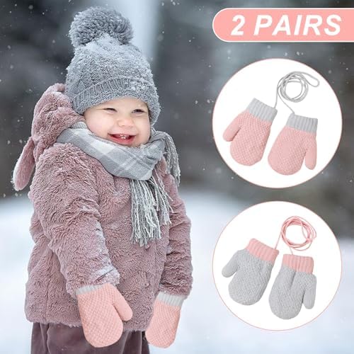 Mayoii 2 Pairs Toddler Mittens Winter Knitted Baby Mittens With String Warm Fleece Lined Toddler Gloves Age 1-3 For Boys Girls Anti-Lost Full Finger Gloves For Cold Weather