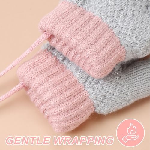 Mayoii 2 Pairs Toddler Mittens Winter Knitted Baby Mittens With String Warm Fleece Lined Toddler Gloves Age 1-3 For Boys Girls Anti-Lost Full Finger Gloves For Cold Weather